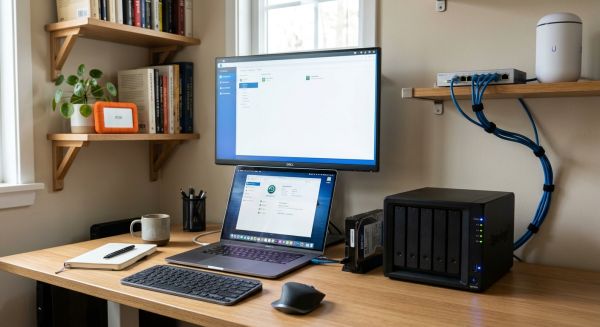 What are the best practices for managing storage and backups on a Synology DS918+ in a home office?