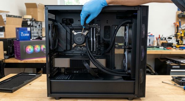 What are the steps to install and configure a liquid cooling system in a Cooler Master MasterBox NR600 for an Intel Core i9?